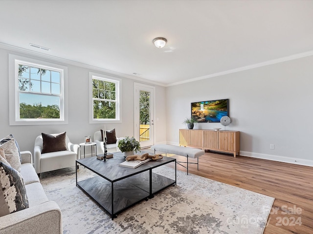 living room with ornamental molding and hardwood / wood-style flooring