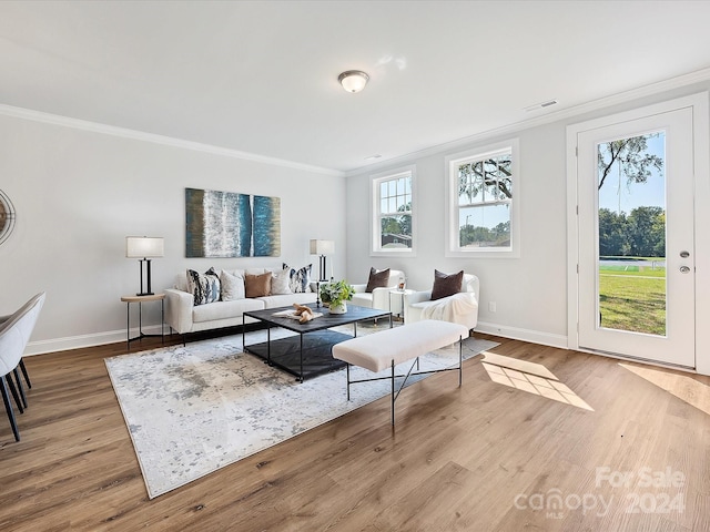 living room with wood-type flooring, crown molding, and a wealth of natural light