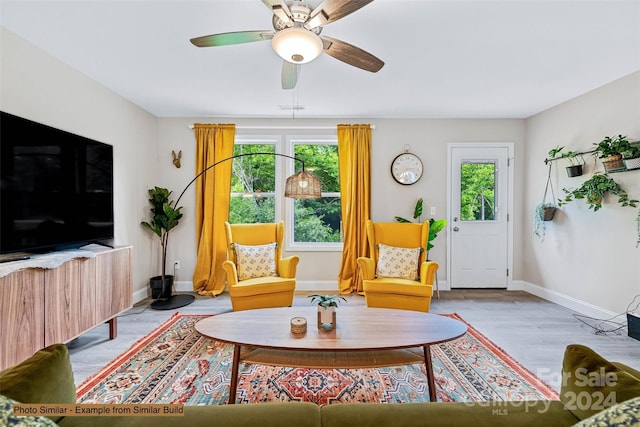 living room featuring a healthy amount of sunlight, ceiling fan, and light hardwood / wood-style flooring