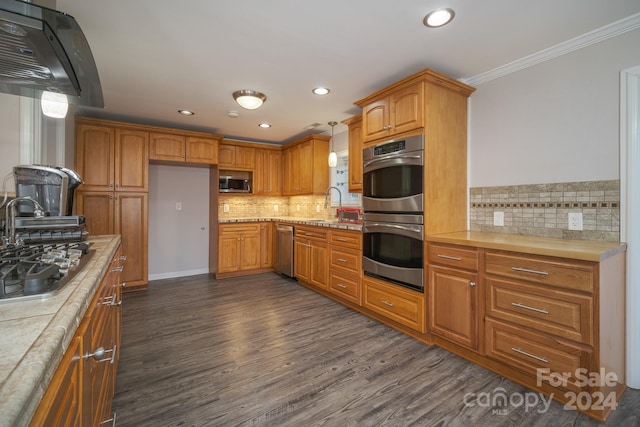 kitchen featuring pendant lighting, backsplash, ornamental molding, appliances with stainless steel finishes, and dark hardwood / wood-style flooring