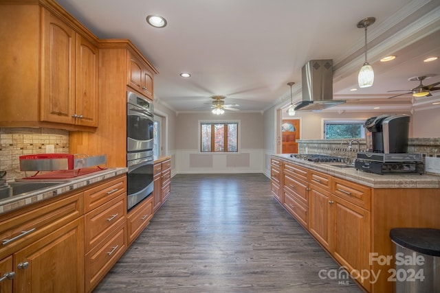 kitchen with island exhaust hood, plenty of natural light, dark wood-type flooring, and decorative light fixtures