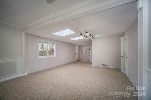 empty room featuring a skylight, carpet floors, and ornamental molding