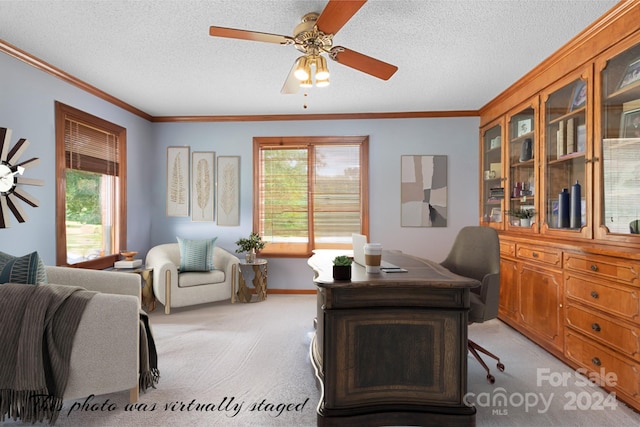 carpeted home office featuring ceiling fan, crown molding, and a textured ceiling