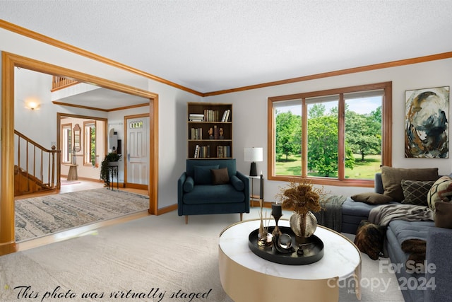 4299 Randleman Rd, Iron Station, NC 28080 - carpeted living area with a textured ceiling, ornamental molding, and stairway