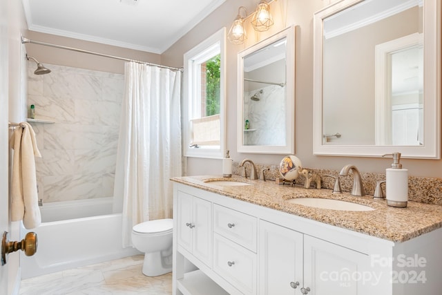 full bathroom with crown molding, vanity, toilet, and shower / bath combo with shower curtain