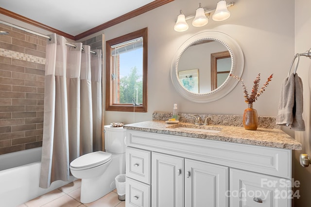 full bathroom with toilet, vanity, tile patterned floors, shower / tub combo, and crown molding