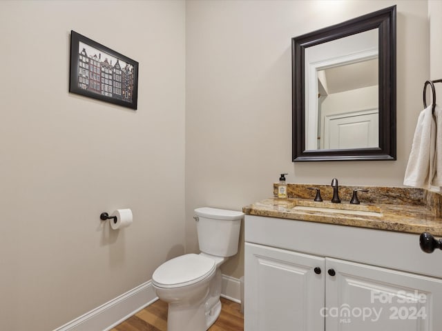 bathroom with wood-type flooring, vanity, and toilet