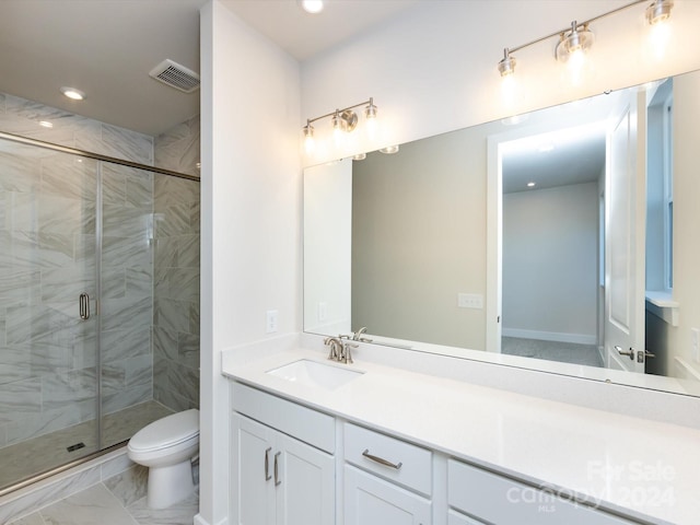 full bathroom featuring visible vents, toilet, marble finish floor, vanity, and a shower stall