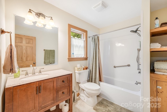 bathroom featuring tile patterned floors, visible vents, shower / bathtub combination with curtain, toilet, and vanity