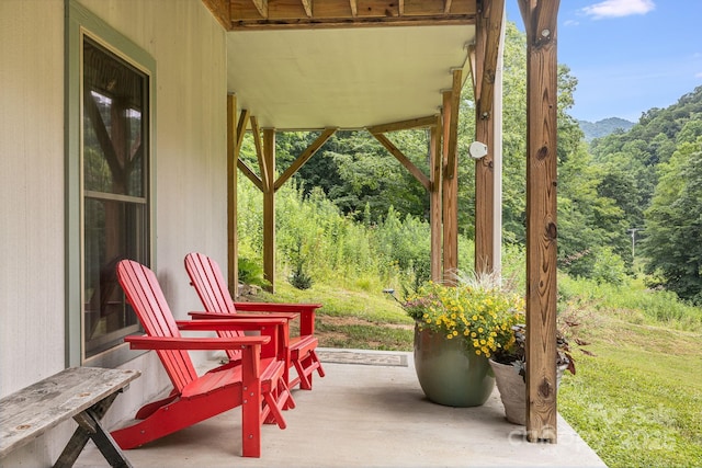 view of patio / terrace featuring a mountain view