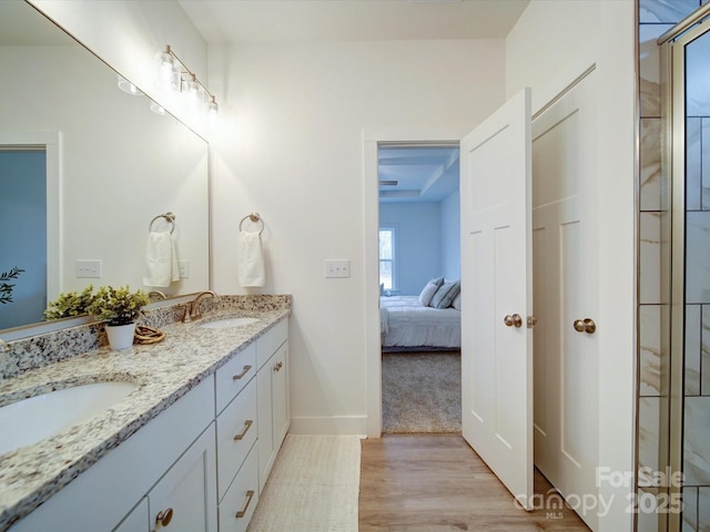 bathroom with vanity and hardwood / wood-style floors