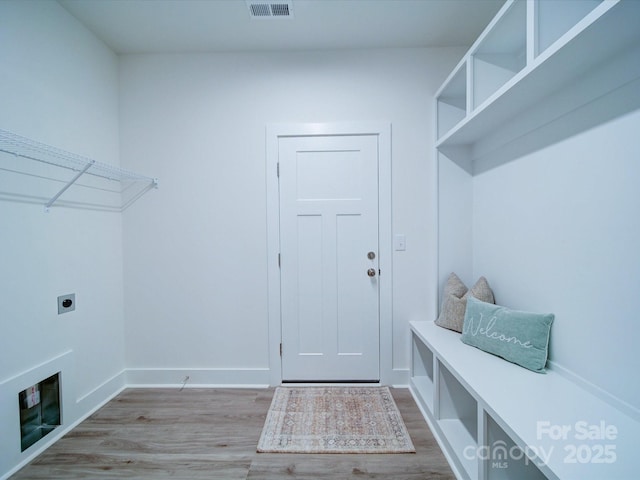 washroom with electric dryer hookup and light wood-type flooring