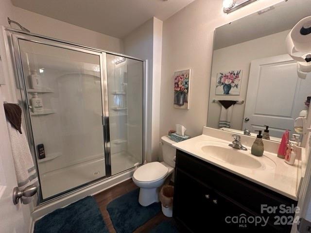 bathroom featuring toilet, vanity, wood-type flooring, and walk in shower