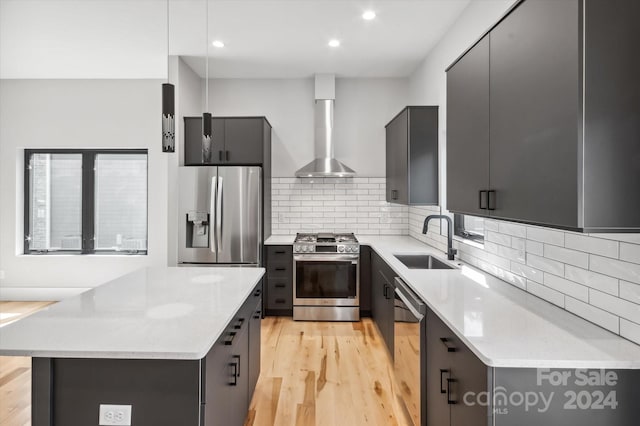 kitchen featuring appliances with stainless steel finishes, wall chimney exhaust hood, a kitchen island, decorative backsplash, and sink