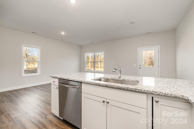 kitchen featuring sink, stainless steel dishwasher, dark hardwood / wood-style flooring, light stone countertops, and white cabinets