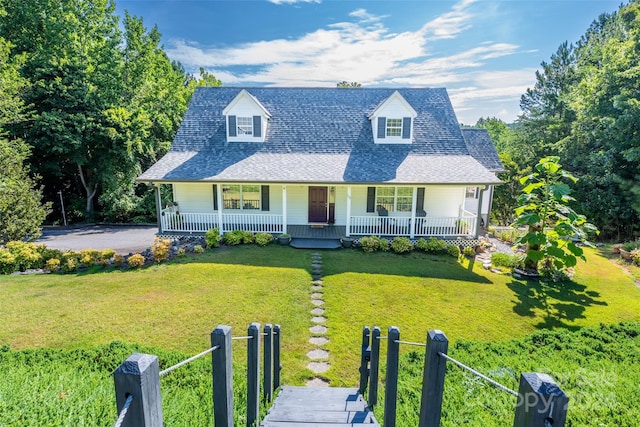 new england style home with a porch and a front yard