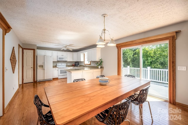 dining space with ceiling fan, light hardwood / wood-style floors, and a textured ceiling