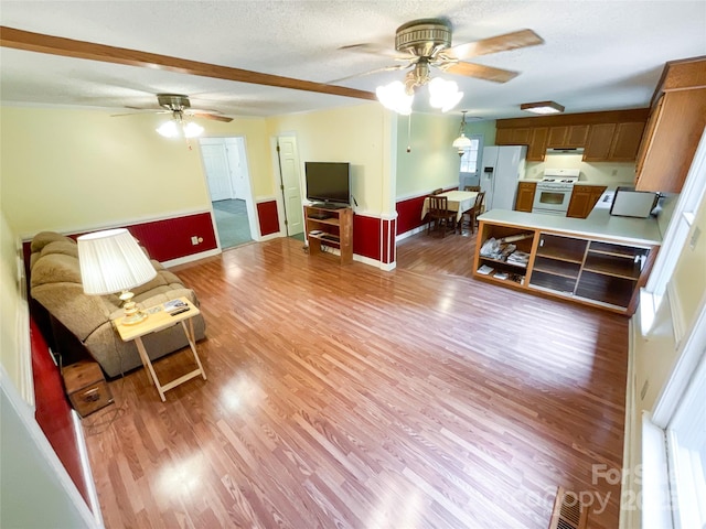 living room with ceiling fan, plenty of natural light, and hardwood / wood-style flooring