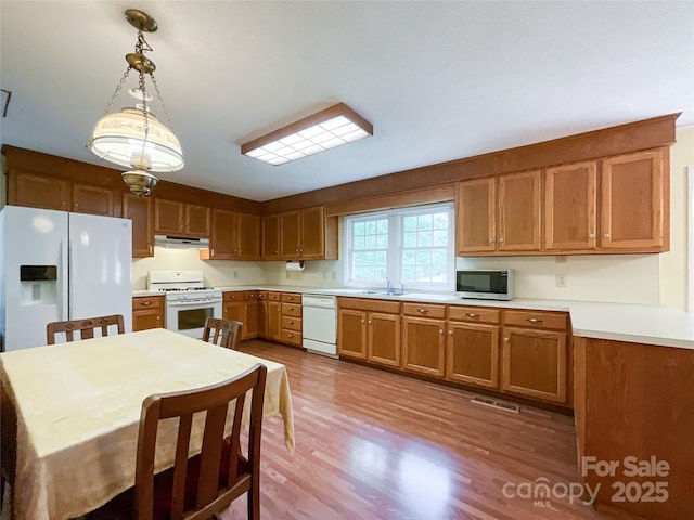 kitchen featuring sink, light hardwood / wood-style floors, white appliances, and pendant lighting