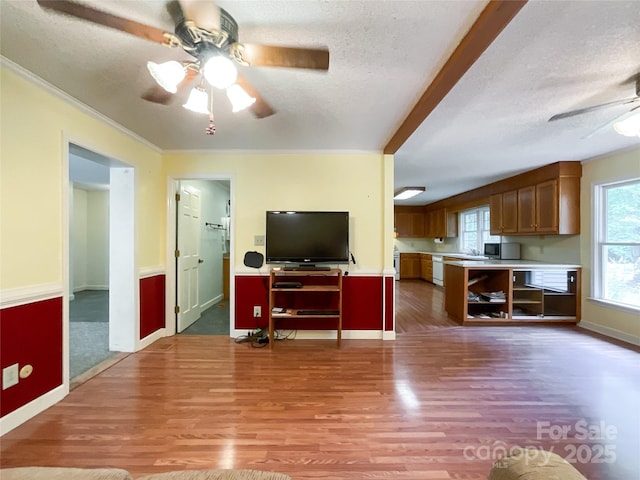 living room featuring a textured ceiling, ornamental molding, ceiling fan, and light hardwood / wood-style flooring