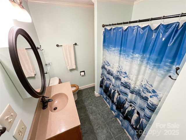 bathroom with toilet, vanity, ornamental molding, and curtained shower