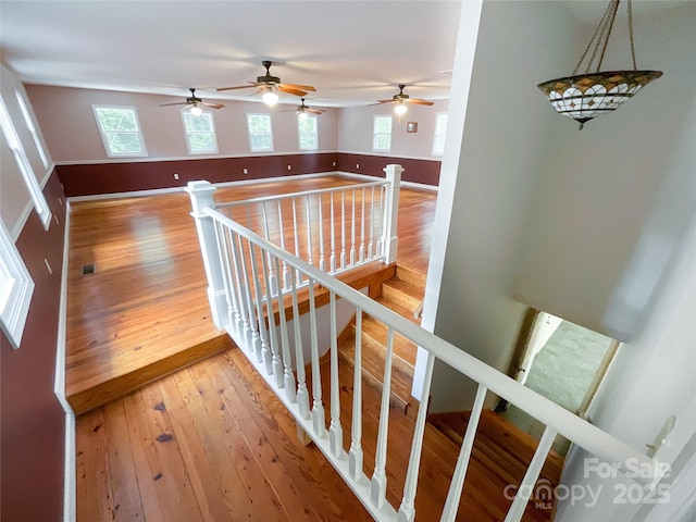 stairs with ceiling fan and hardwood / wood-style floors