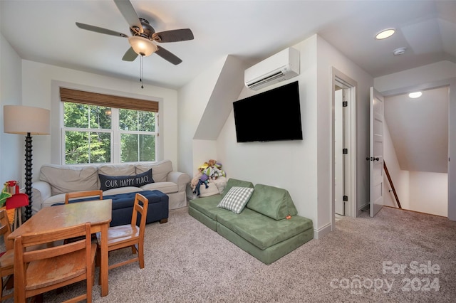 living room featuring ceiling fan, carpet floors, and an AC wall unit