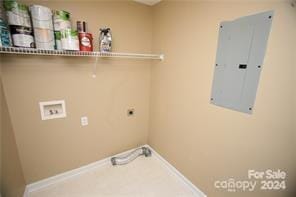 clothes washing area with hookup for a washing machine and electric panel