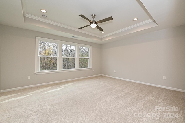 carpeted spare room featuring a raised ceiling, ceiling fan, and crown molding