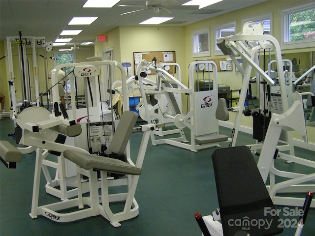 gym featuring ceiling fan