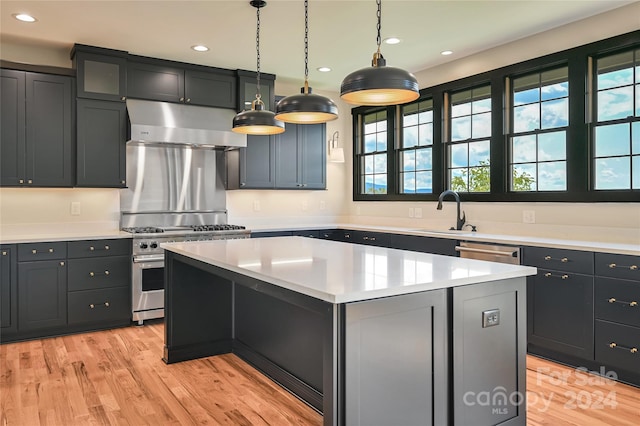 kitchen featuring exhaust hood, stainless steel appliances, a center island, pendant lighting, and sink