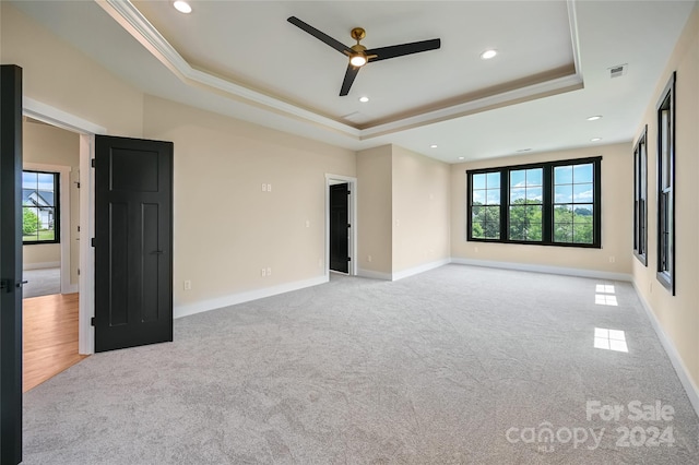 interior space featuring crown molding, light colored carpet, and a raised ceiling