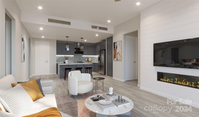 living room with a fireplace, light hardwood / wood-style floors, and sink