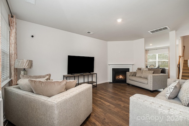 living room with dark wood-type flooring