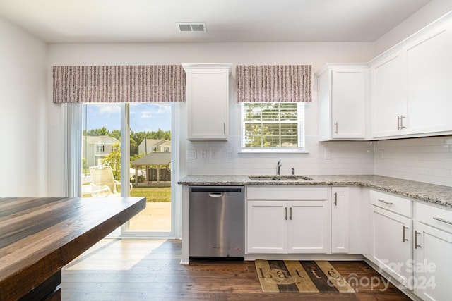 kitchen featuring light stone counters, sink, white cabinetry, and dishwasher