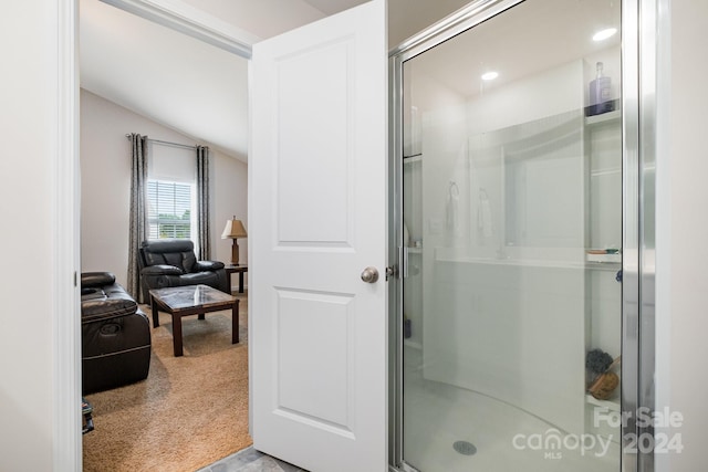 bathroom with vaulted ceiling and a shower with door