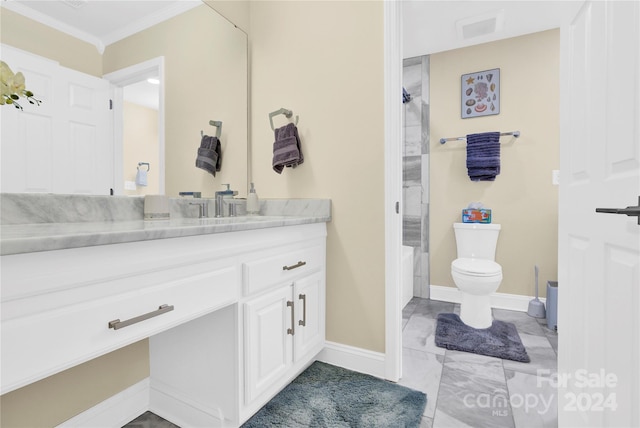 full bathroom with shower / bathtub combination, toilet, vanity, and crown molding