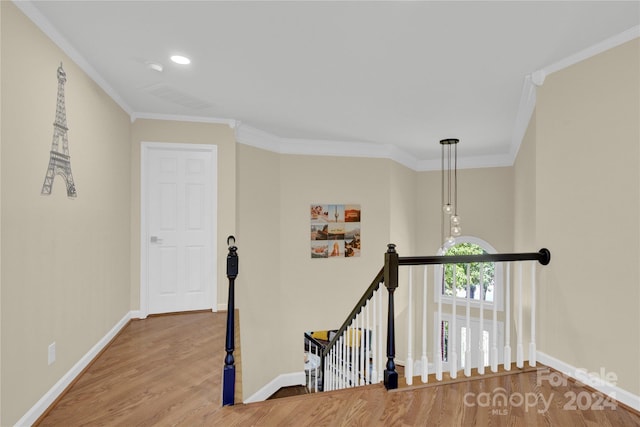 hall with ornamental molding and wood-type flooring