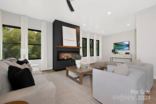 living room with light hardwood / wood-style flooring and a fireplace