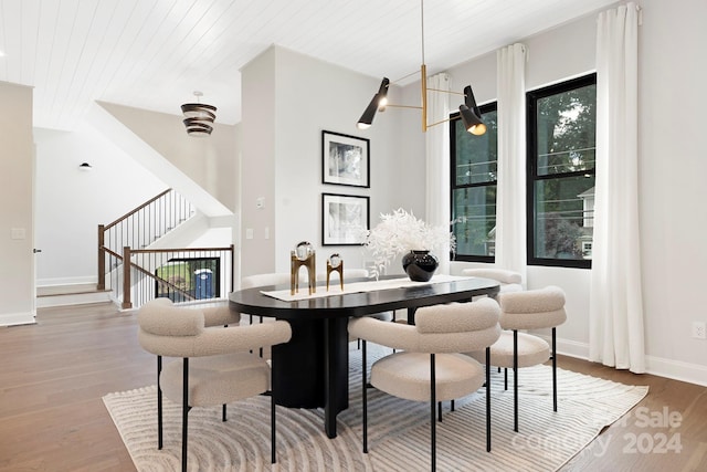 dining room with plenty of natural light, wood-type flooring, and wood ceiling