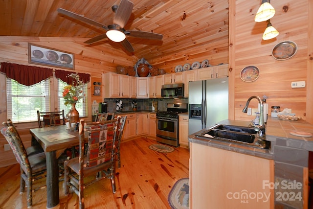 kitchen featuring sink, decorative light fixtures, lofted ceiling, light wood-type flooring, and appliances with stainless steel finishes