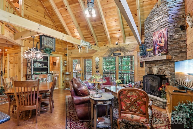 living room with a stone fireplace, beamed ceiling, wooden walls, high vaulted ceiling, and wooden ceiling