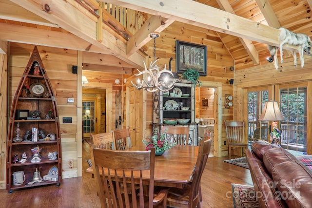 dining room with wooden ceiling, vaulted ceiling with beams, wood walls, and hardwood / wood-style flooring