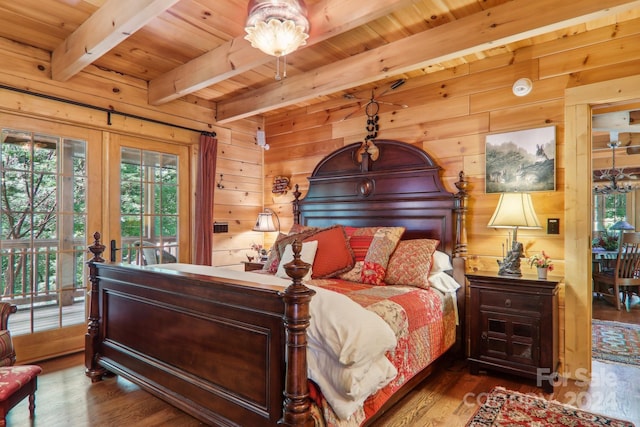 bedroom featuring dark hardwood / wood-style flooring, wood ceiling, wooden walls, and beamed ceiling