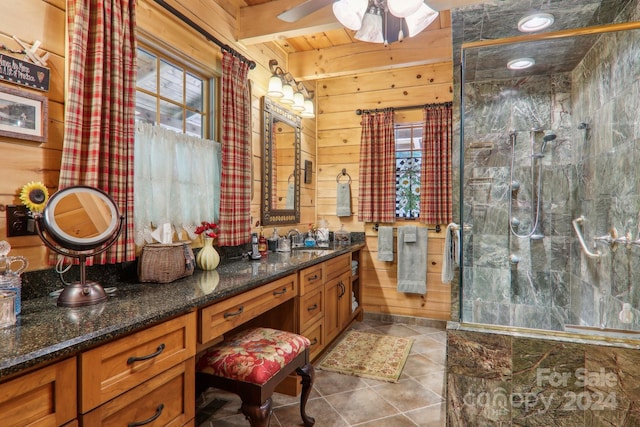 bathroom featuring wooden walls, wooden ceiling, ceiling fan, beam ceiling, and vanity