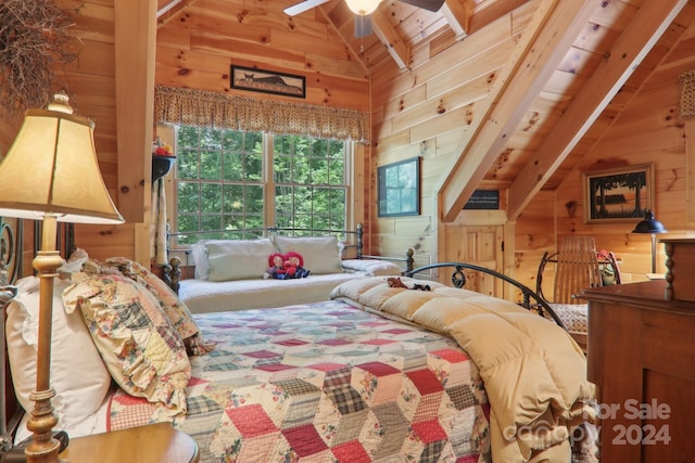 bedroom with ceiling fan, lofted ceiling with beams, wood ceiling, and wooden walls