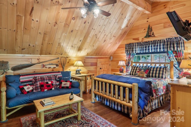 bedroom with hardwood / wood-style floors, wooden walls, and wooden ceiling