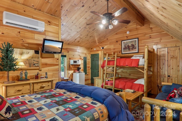 bedroom featuring vaulted ceiling with beams, wood ceiling, wooden walls, and a wall unit AC