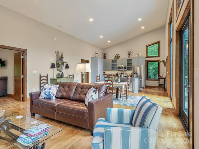 living room featuring light hardwood / wood-style floors and high vaulted ceiling