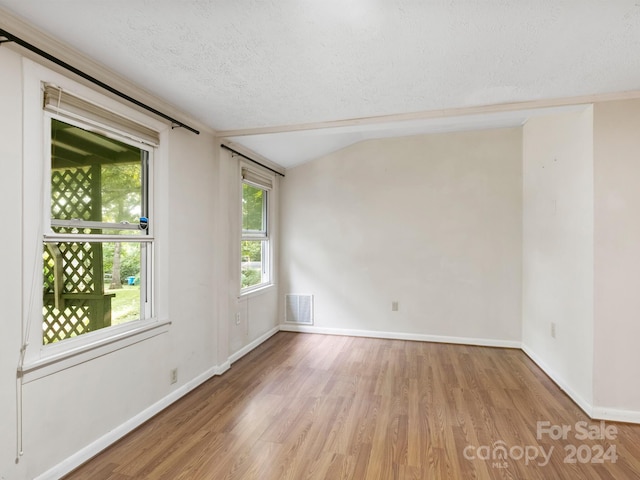 empty room featuring vaulted ceiling, a textured ceiling, and wood-type flooring